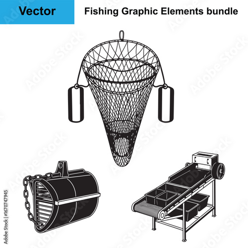 Shrimp Trawling Net Trawl Door Catch Sorter Silhouette Fishing Vector Bundle