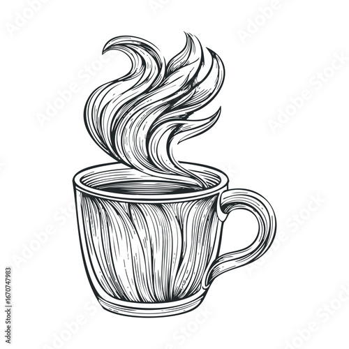Warm beverage with swirling steam design for cozy home decor. Vector illustration