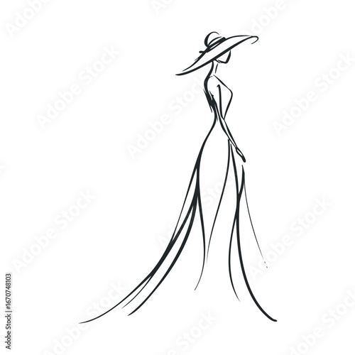 Elegant woman in long dress with wide brimmed hat for fashion design. Vector illustration