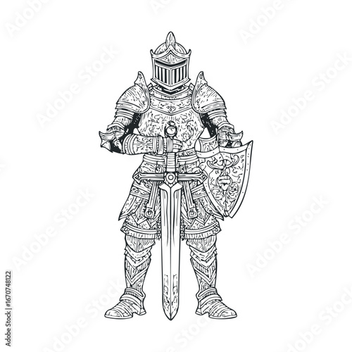 Knight in armor with sword and shield for fantasy design. Vector illustration