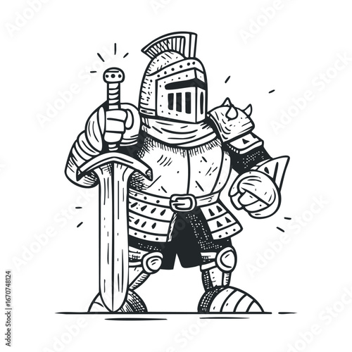Knight in armor holding sword ready for battle or adventure. Vector illustration