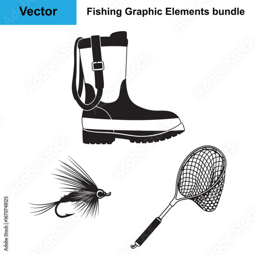 Waders Dry Fly Landing Net Silhouette Fishing Vector Bundle