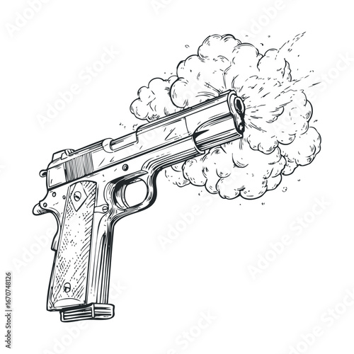 Sketch of a handgun firing with smoke clouds in action. Vector illustration