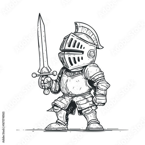 Knight character holding sword in medieval armor design for print. Vector illustration