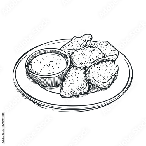Crispy chicken nuggets served with delicious dipping sauce. Vector illustration