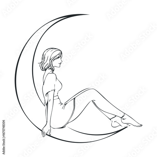 Woman sitting on crescent moon for dream and tranquility theme. Vector illustration