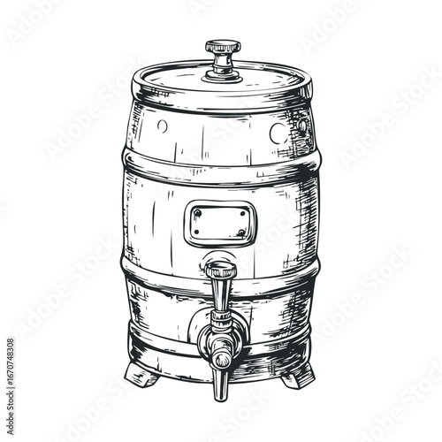 Vintage wooden barrel with tap for beverage storage and serving. Vector illustration