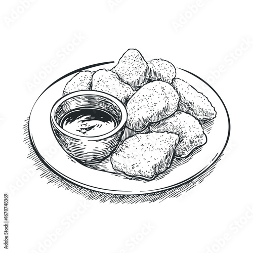 Delicious chicken nuggets with dipping sauce on a plate. Vector illustration