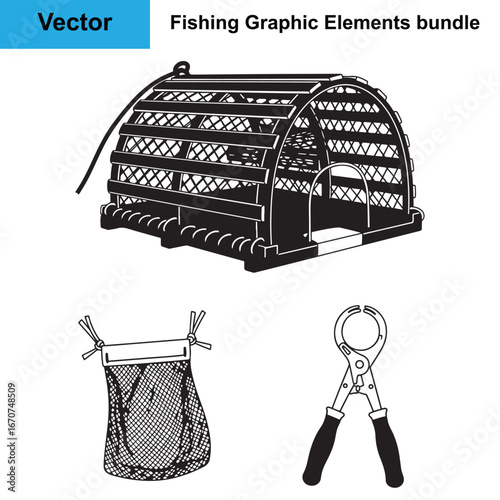 Lobster Pot Trap Bait Pouch Claw Bander Silhouette Fishing Vector Bundle