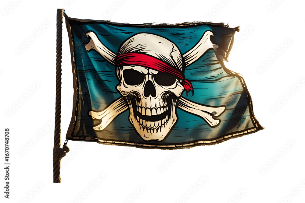 Fototapeta premium a pirate flag, with a skull, crossbones, a red bandana, set against a white backdrop, a famous design, ready to be found, the style is amazing and with great details, no background.