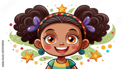 Cute happy black girl illustration on white background..