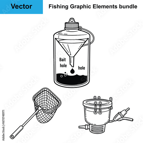 Creek Minnow Trap Dip Net Bucket Aerator Silhouette Fishing Vector Bundle