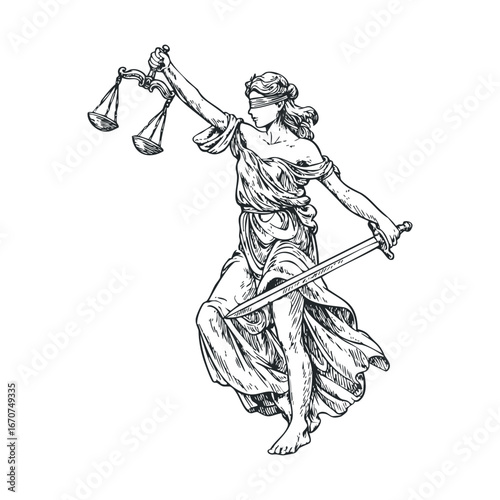 Justice symbol representation with scales and sword for legal themes. Vector illustration