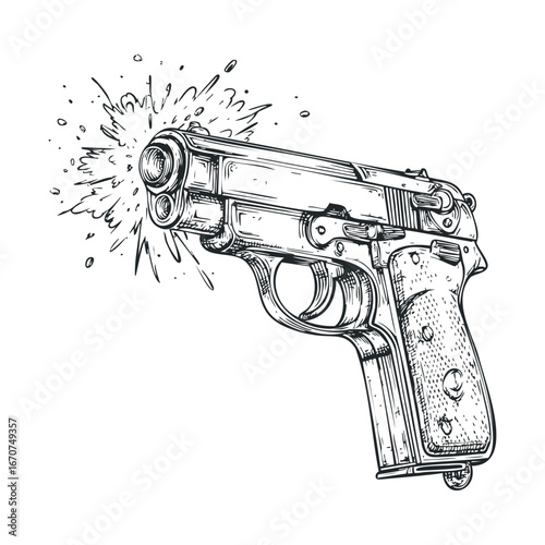 Detailed sketch of a handgun firing a bullet with explosion effect. Vector illustration