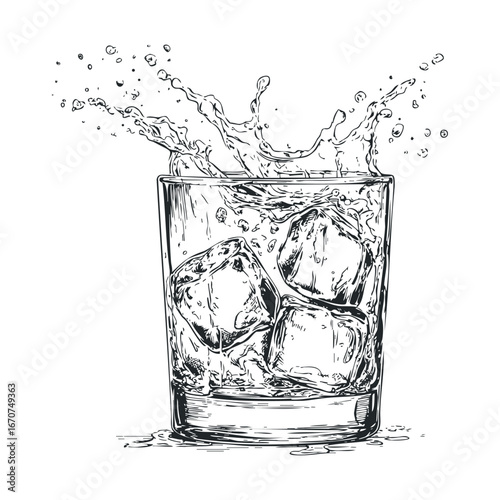 Splashing drink with ice cubes in a glass for summer refreshment. Vector illustration