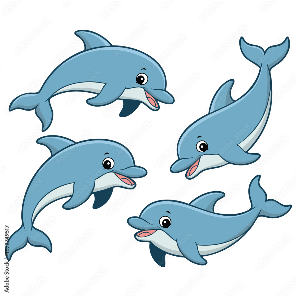 Obraz premium playful cartoon dolphins swimming in dynamic poses vector isolated on white background