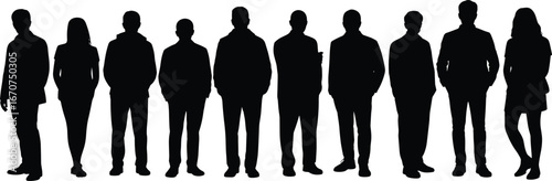 Adult silhouettes, full-length standing poses, vector illustration, black figures, man, woman, casual clothing, professional attire, flat style, reference image