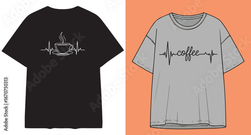 Two stylish t shirts one black and one gray with unique graphic designs displayed side by side