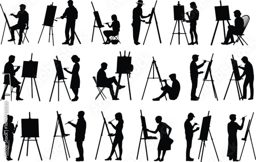 Artists in action, painting, drawing, easels, seated, standing, black vector silhouettes, flat style, creative figures, art reference set of 20