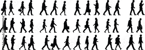 Business silhouettes, walking people, professional figures, urban motion, black vector, pedestrian behavior, animation reference, side view, office commute, minimal design