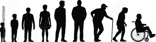 Human life cycle, aging progression, silhouette illustration, child to elderly, wheelchair figure, black vector, growth stages, flat style, reference image