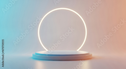 Modern podium with glowing circle for product display and vibrant gradient background perfect for advertising