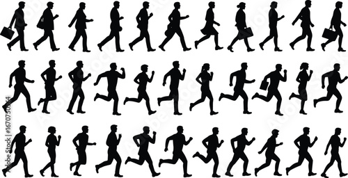 Human motion silhouettes, walking and running figures, side profile poses, black vector illustration, movement cycle, athletic stride, animation reference, crowd behavior