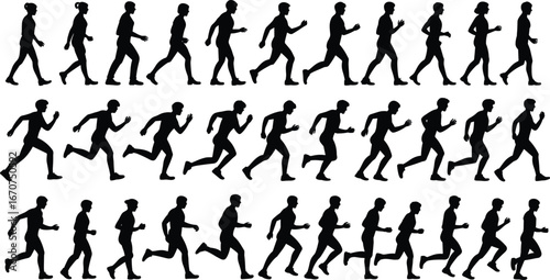 Human motion silhouettes, walking jogging running, black vector figures, biomechanics study, animation reference, side view, athletic posture, movement phases, minimal design