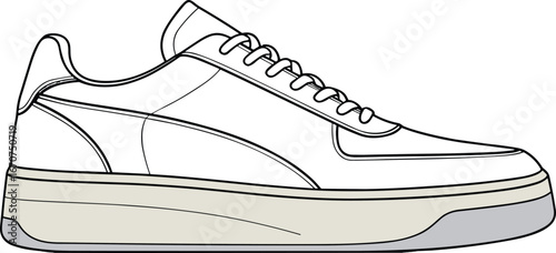 Sneaker illustration, low-top shoe, side view, lace-up design, layered sole, fashion footwear, stitched panels, vector drawing, grayscale style