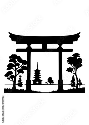 Silhouette of a Japanese Torii Gate with Pagoda and Trees