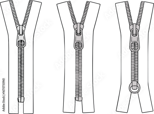 Zipper illustration, black and white sketch, zipper components, pull tab detail, slider mechanism, fashion accessory, garment fastener, zipper design, textile hardware