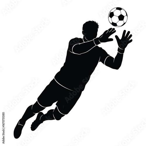 Silhouette of a soccer goalkeeper diving to catch the ball in mid-air silhouette
