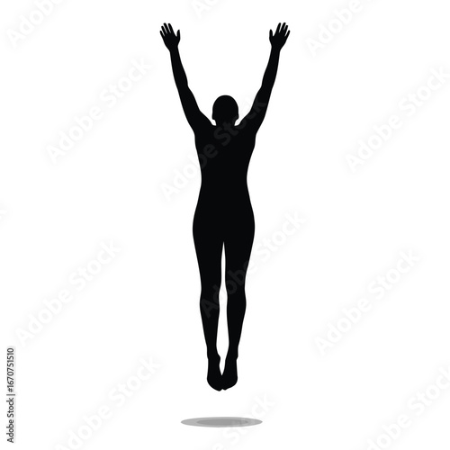 Silhouette of a person jumping with arms raised reaching towards the sky in a dynamic pose silhouette