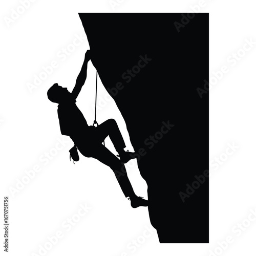 Silhouette of a climber ascending a steep rock face with rope and gear silhouette