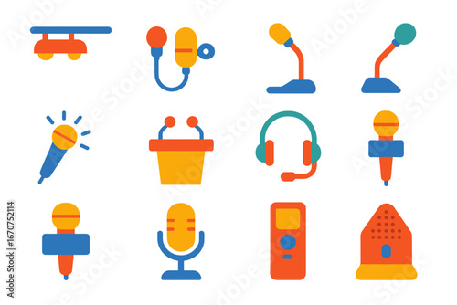 Set of icons for microphones, speakers, and other audio equipment