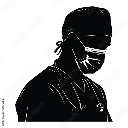 Surgeon in scrub cap and mask ready for critical operation focused on patient care silhouette