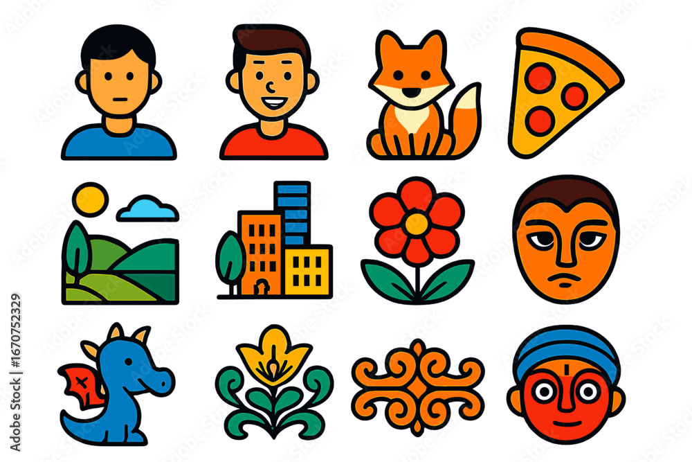 Fototapeta premium Collection of cartoon icons including a man, a woman, a dragon, a fox, a pizza