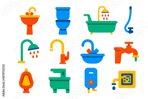 Set of bathroom icons including a toilet, sink, and shower