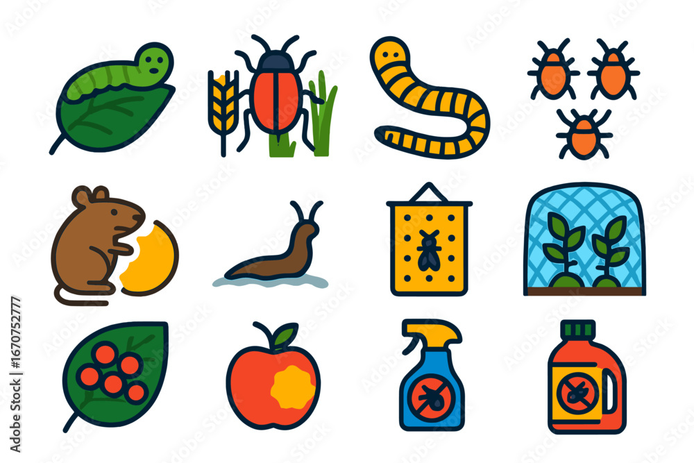 Fototapeta premium Collection of insect and animal icons, including a mouse, a caterpillar