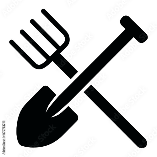 Black silhouette icon of shovel and pitchfork crossed symbolizing gardening and farming