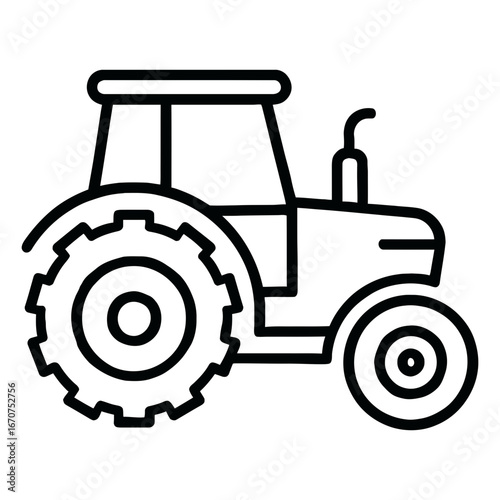 Black outline farm tractor icon with cab and large treaded rear wheel on white background
