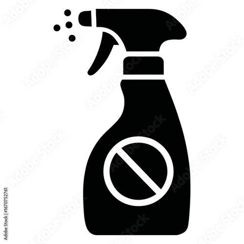 Black silhouette of spray bottle with prohibition symbol and spray droplets on white background