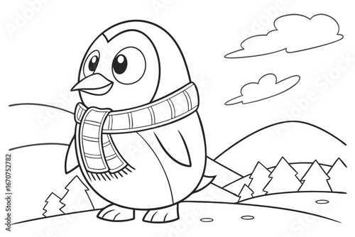 black and white line drawing of a cute, plump penguin wearing a scarf