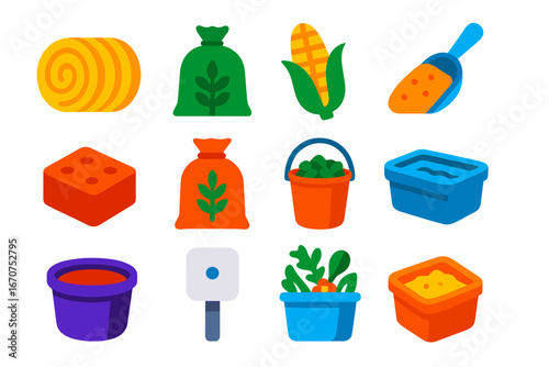 Collection of various food items and containers, including a bucket, a bowl