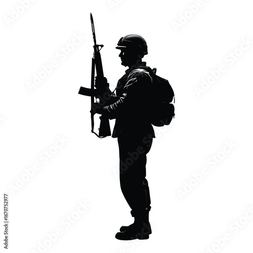 Silhouette of soldier standing guard with rifle and backpack military combat readiness duty vigilance patriotism silhouette