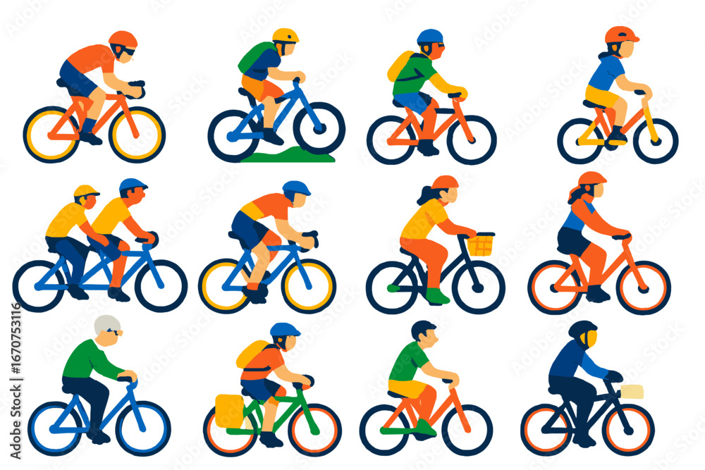 Fototapeta premium Group of people riding bicycles in various positions