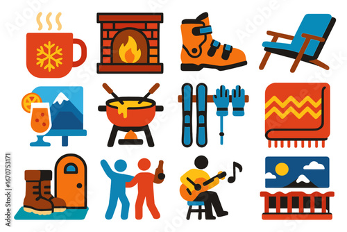 Collection of icons that represent various aspects of winter activities