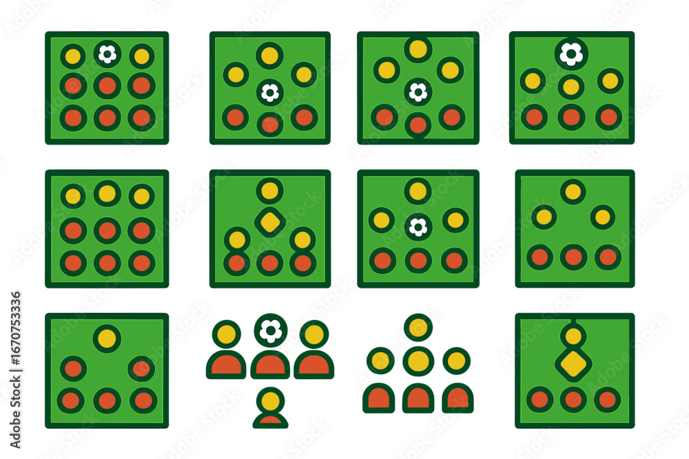 Series of green squares with a red circle in the middle Series of green squares with a red circle in the middle