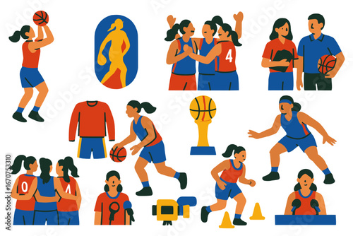 Series of cartoonish images of women playing basketball