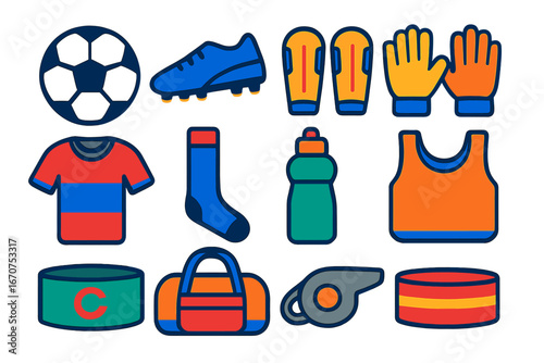 Collection of sports items including a soccer ball, soccer cleats